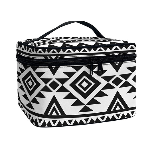 White And Black Aztec Pattern Print Travel Makeup Bag