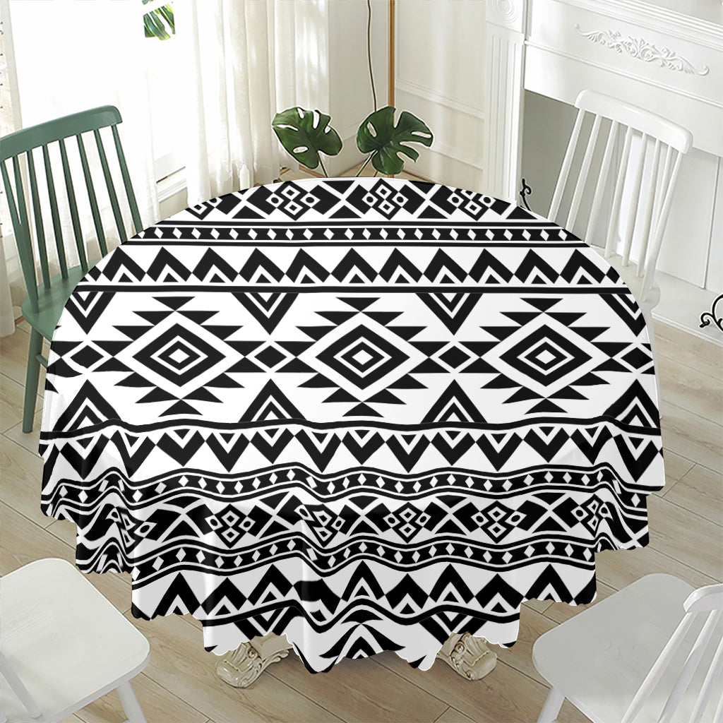White And Black Aztec Pattern Print Waterproof Round Tablecloth