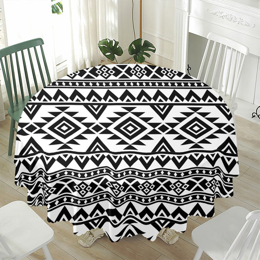 White And Black Aztec Pattern Print Waterproof Round Tablecloth