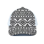 White And Black Aztec Pattern Print White Mesh Trucker Cap