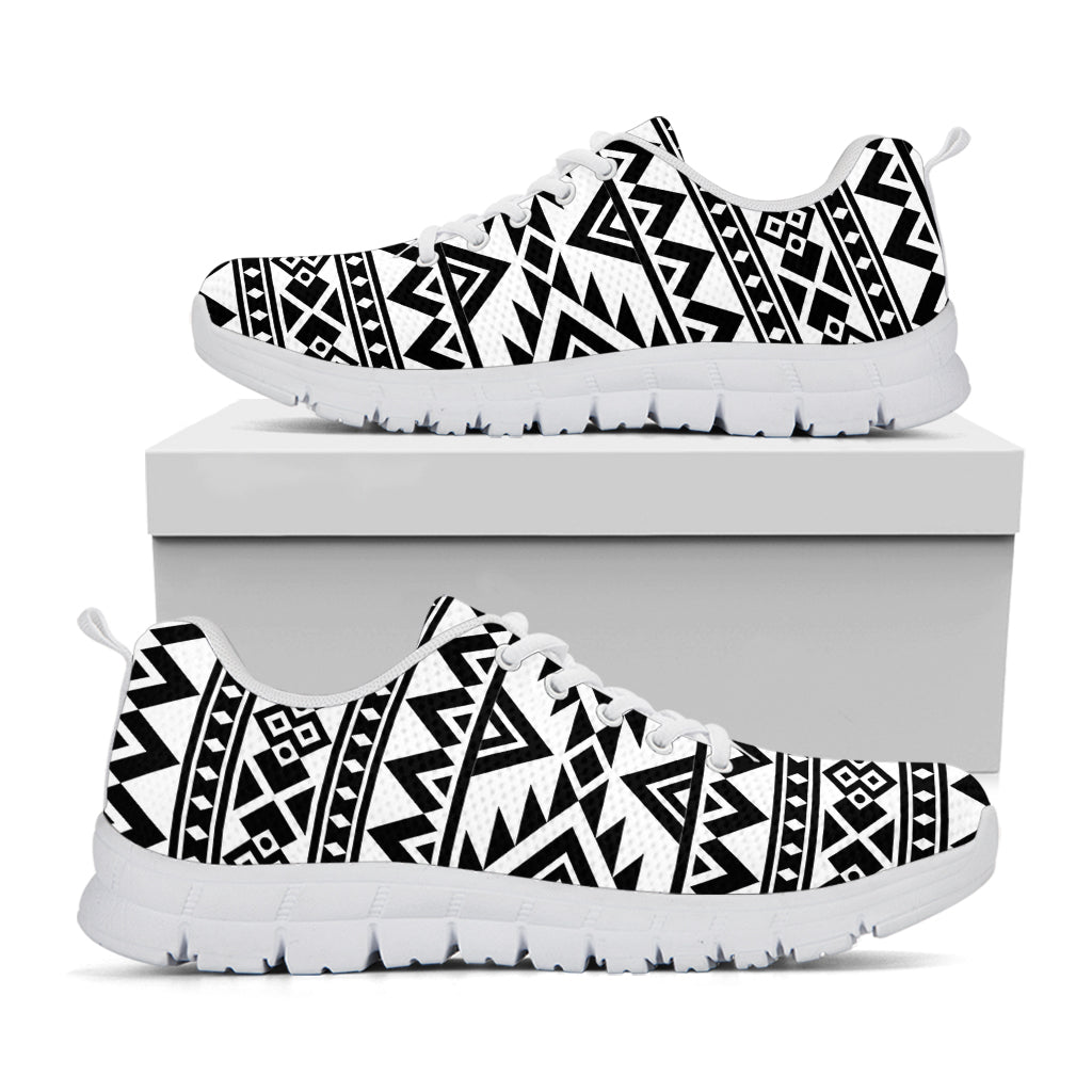 White And Black Aztec Pattern Print White Running Shoes