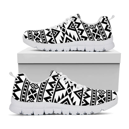 White And Black Aztec Pattern Print White Running Shoes