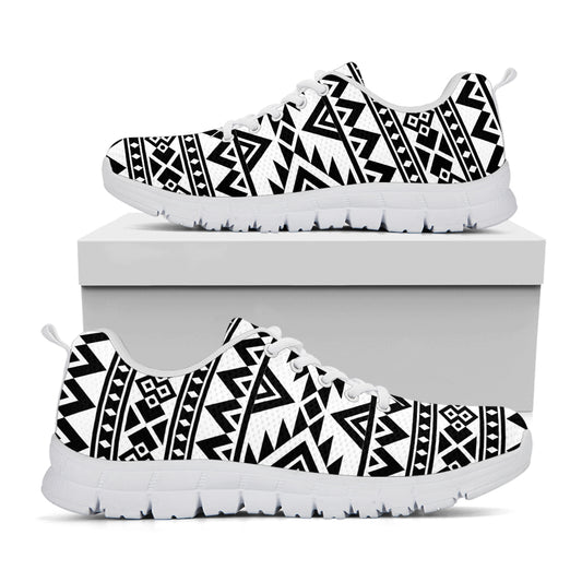 White And Black Aztec Pattern Print White Running Shoes