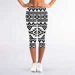 White And Black Aztec Pattern Print Women's Capri Leggings