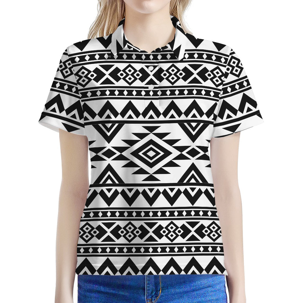 White And Black Aztec Pattern Print Women's Polo Shirt