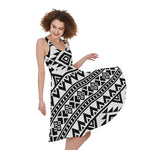 White And Black Aztec Pattern Print Women's Sleeveless Dress
