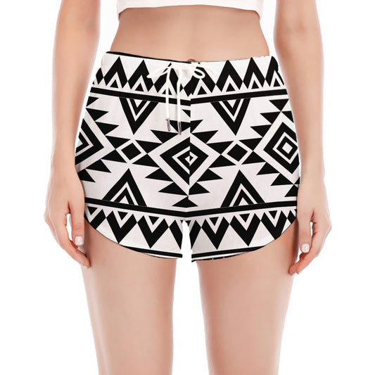 White And Black Aztec Pattern Print Women's Split Running Shorts