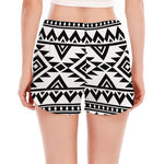 White And Black Aztec Pattern Print Women's Split Running Shorts