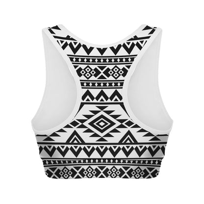 White And Black Aztec Pattern Print Women's Sports Bra
