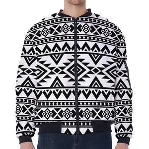 White And Black Aztec Pattern Print Zip Sleeve Bomber Jacket