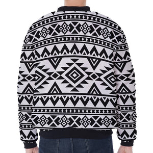 White And Black Aztec Pattern Print Zip Sleeve Bomber Jacket