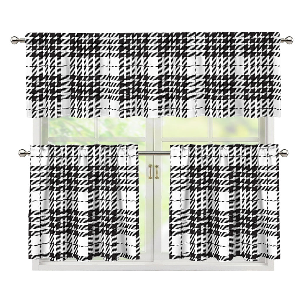 White And Black Border Tartan Print 3 Piece Kitchen Curtains
