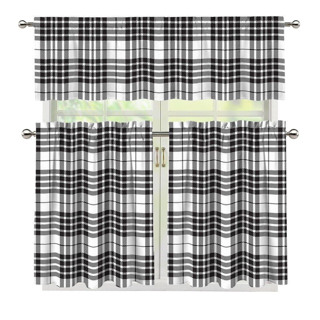 White And Black Border Tartan Print 3 Piece Kitchen Curtains