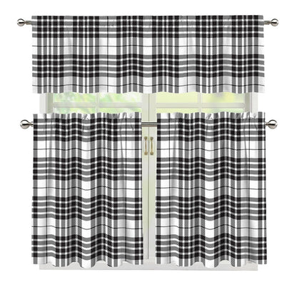 White And Black Border Tartan Print 3 Piece Kitchen Curtains