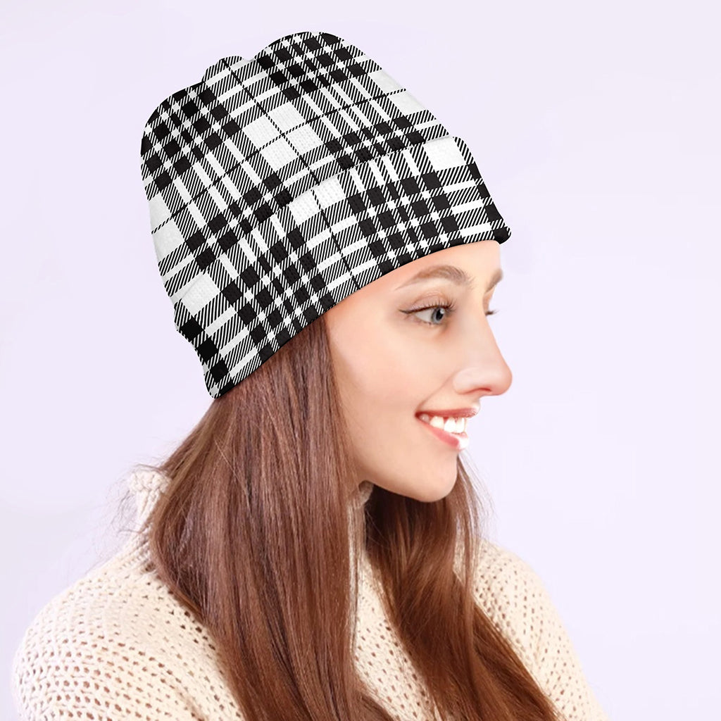 White And Black Border Tartan Print Beanie
