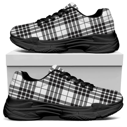 White And Black Border Tartan Print Black Chunky Shoes