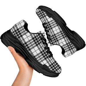 White And Black Border Tartan Print Black Chunky Shoes