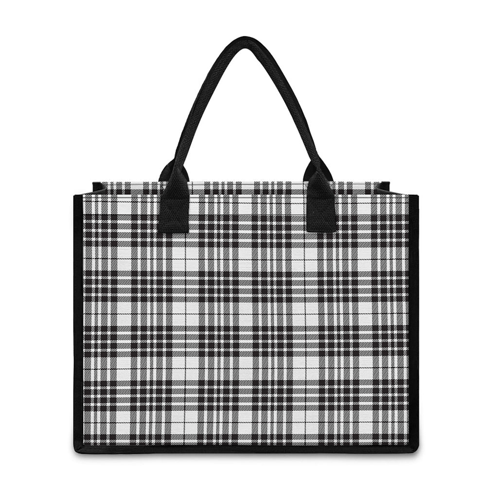 White And Black Border Tartan Print Canvas Tote Bag