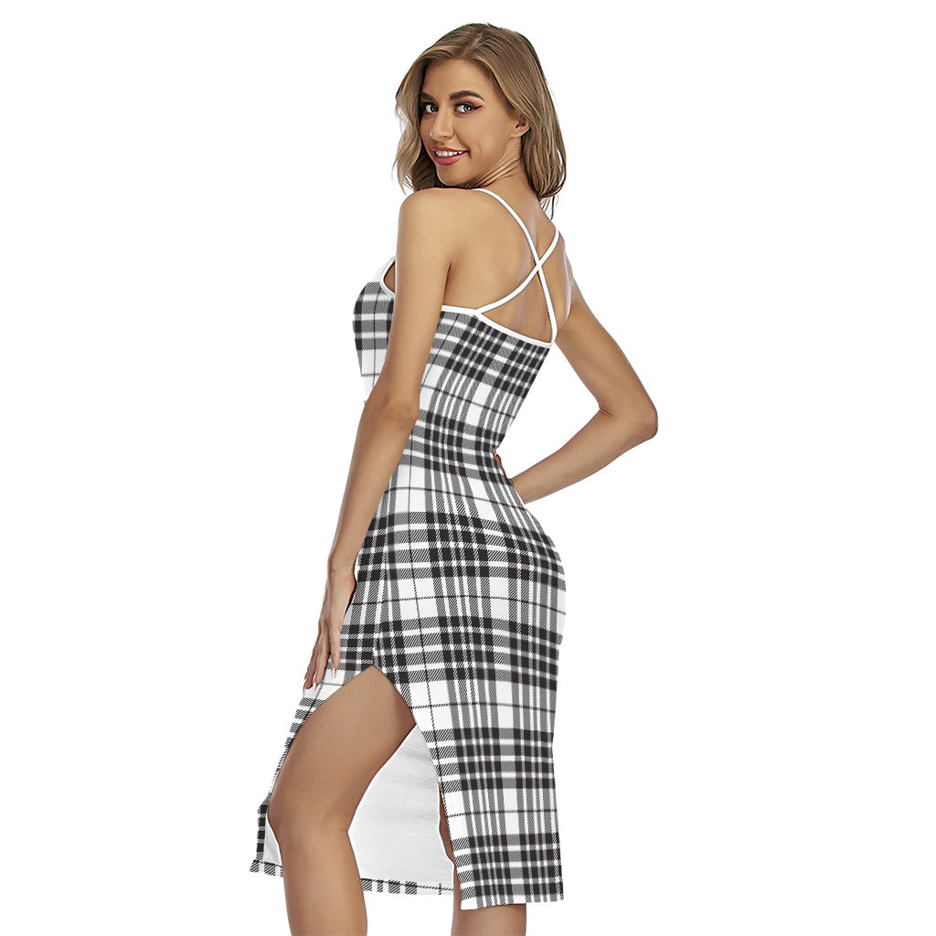 White And Black Border Tartan Print Cross Back Cami Dress