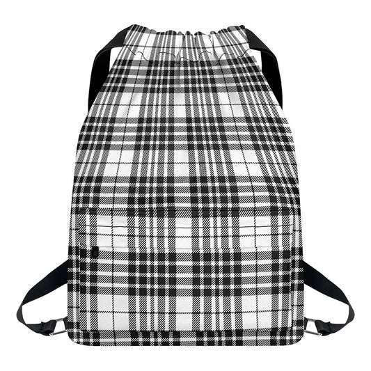 White And Black Border Tartan Print Drawstring Backpack