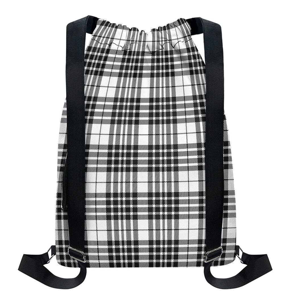 White And Black Border Tartan Print Drawstring Backpack