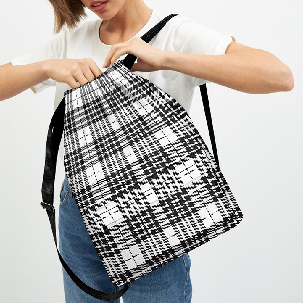 White And Black Border Tartan Print Drawstring Backpack
