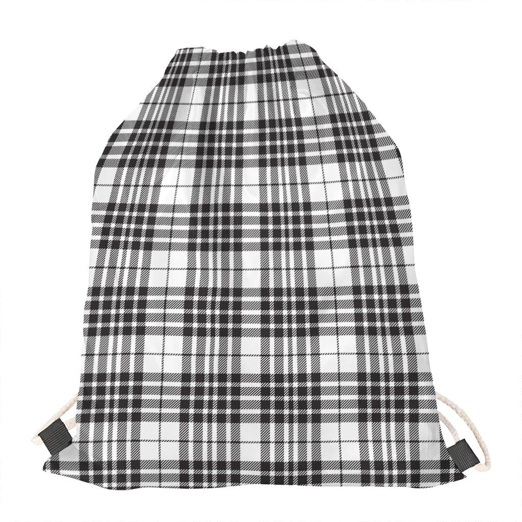 White And Black Border Tartan Print Drawstring Bag