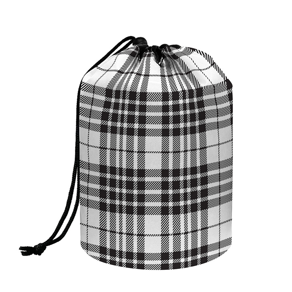 White And Black Border Tartan Print Drawstring Makeup Bag