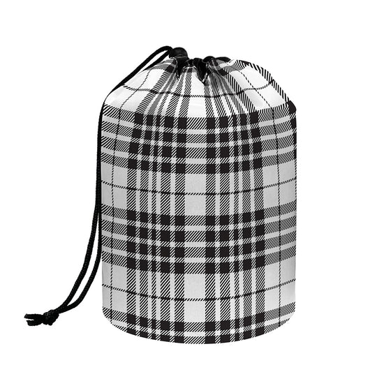 White And Black Border Tartan Print Drawstring Makeup Bag