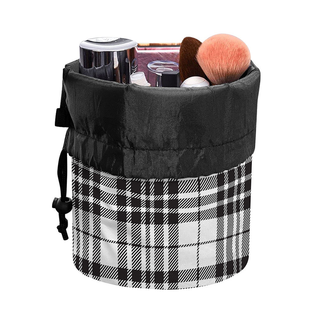 White And Black Border Tartan Print Drawstring Makeup Bag