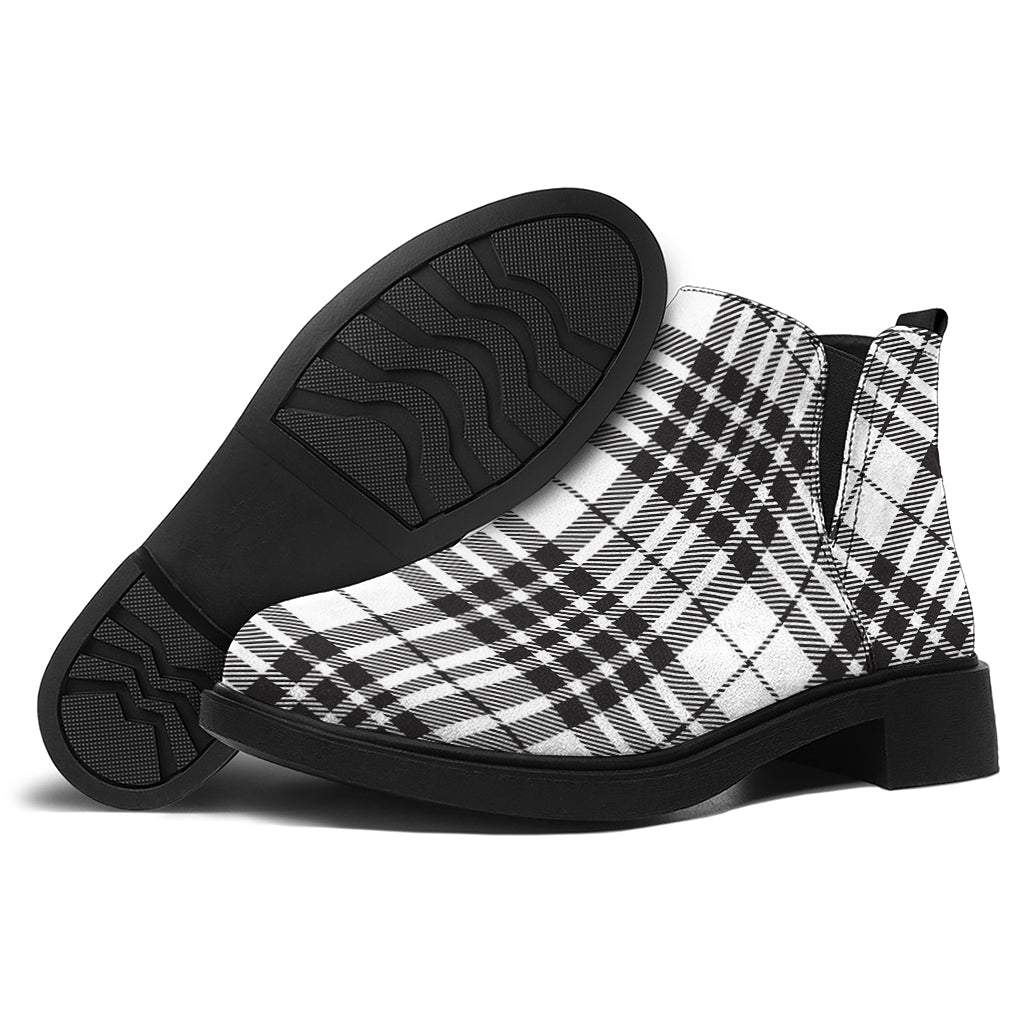 White And Black Border Tartan Print Flat Ankle Boots