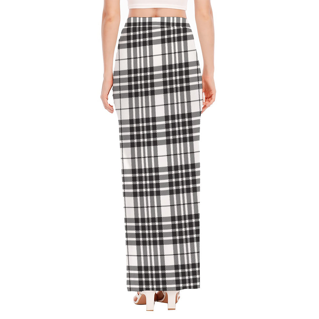 White And Black Border Tartan Print High Slit Maxi Skirt