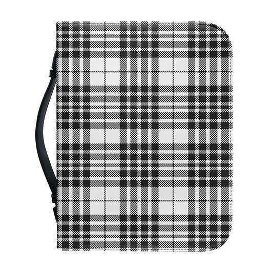 White And Black Border Tartan Print Leather Bible Cover