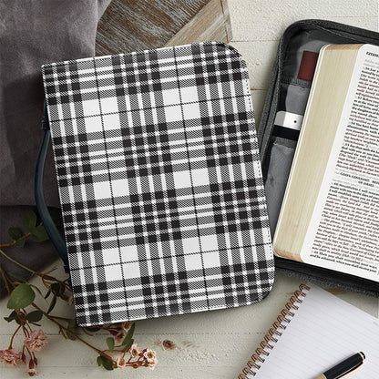 White And Black Border Tartan Print Leather Bible Cover