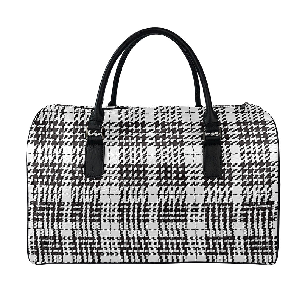 White And Black Border Tartan Print Leather Duffle Bag