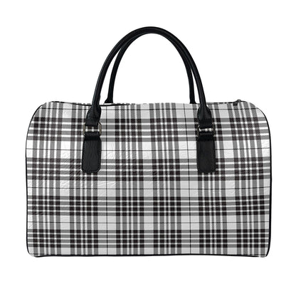 White And Black Border Tartan Print Leather Duffle Bag