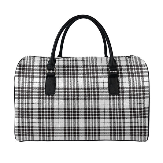 White And Black Border Tartan Print Leather Duffle Bag