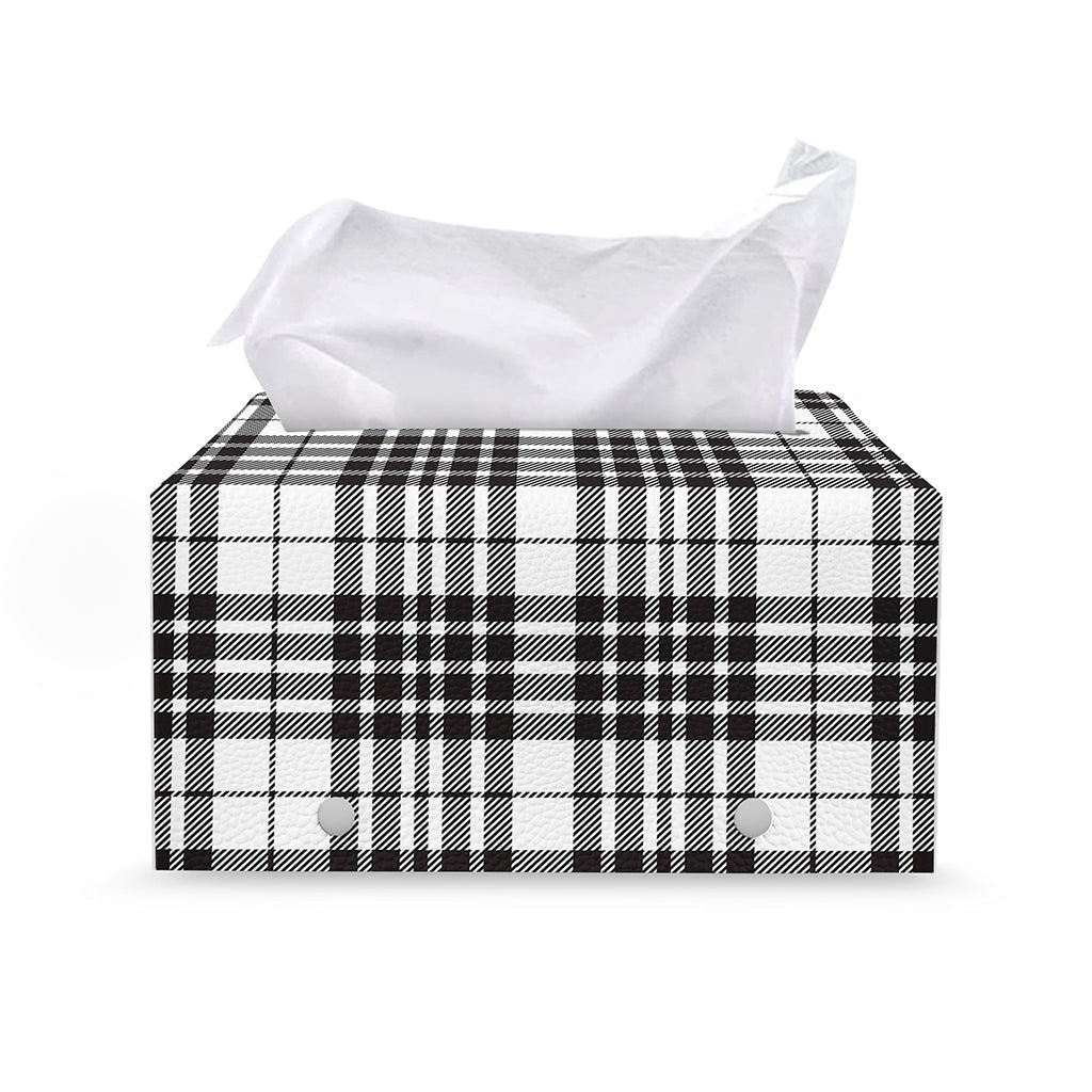 White And Black Border Tartan Print Leather Tissue Box Cover