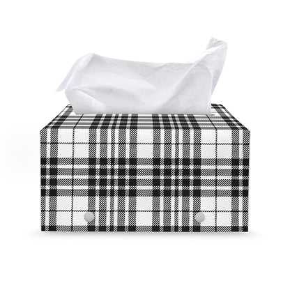 White And Black Border Tartan Print Leather Tissue Box Cover