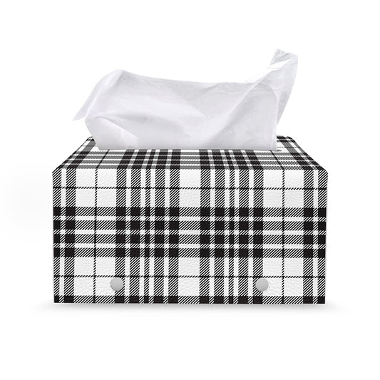 White And Black Border Tartan Print Leather Tissue Box Cover