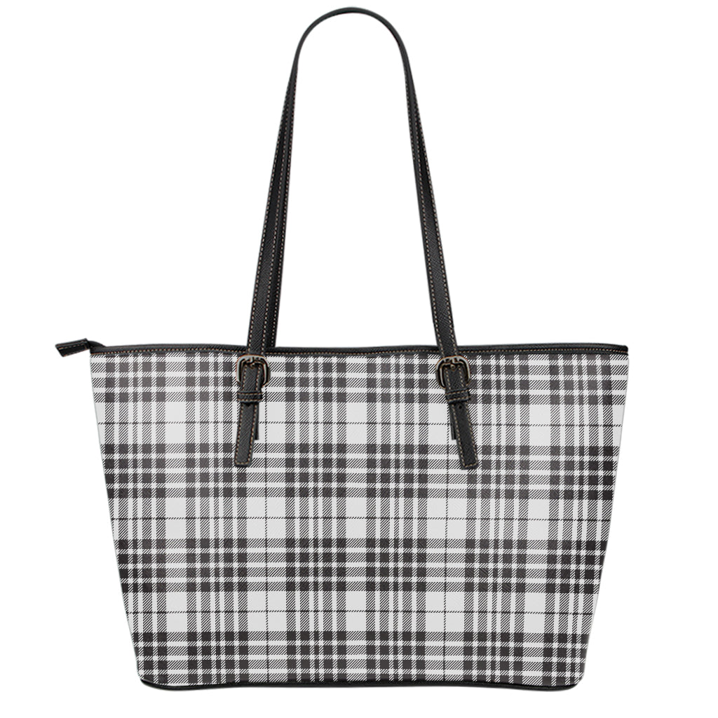 White And Black Border Tartan Print Leather Tote Bag