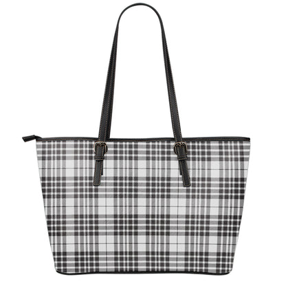White And Black Border Tartan Print Leather Tote Bag