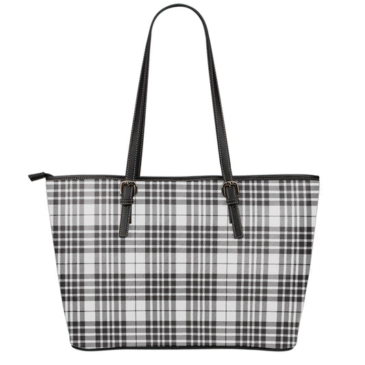 White And Black Border Tartan Print Leather Tote Bag