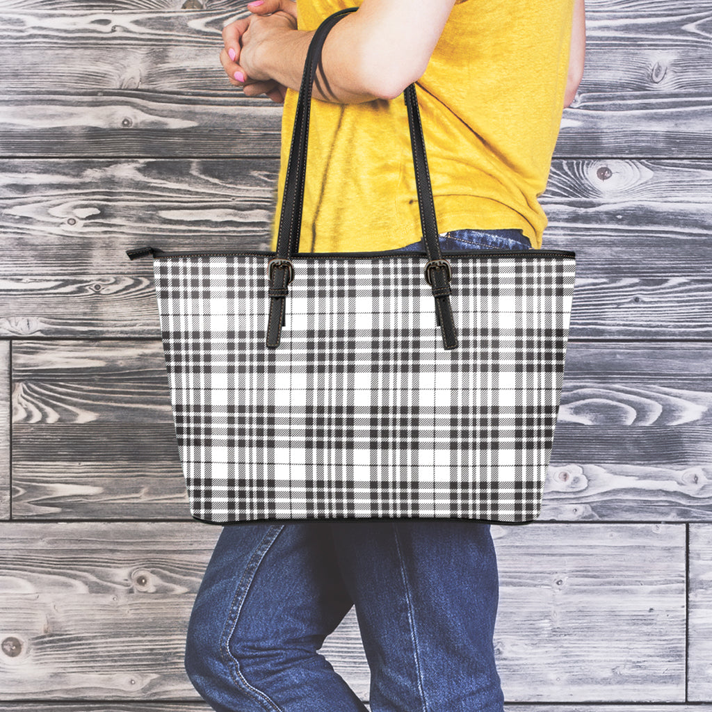 White And Black Border Tartan Print Leather Tote Bag