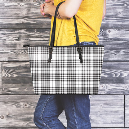 White And Black Border Tartan Print Leather Tote Bag