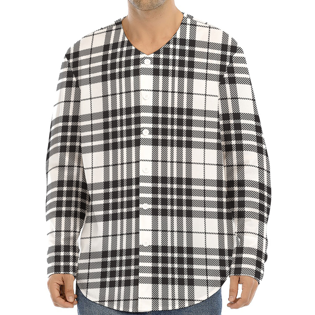 White And Black Border Tartan Print Long Sleeve Baseball Jersey