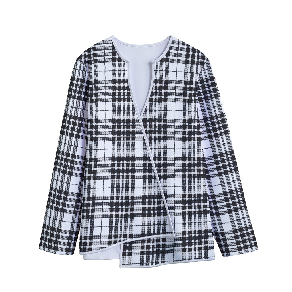 White And Black Border Tartan Print Long Sleeve Short Coat