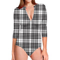 White And Black Border Tartan Print Long Sleeve Swimsuit