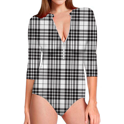White And Black Border Tartan Print Long Sleeve Swimsuit