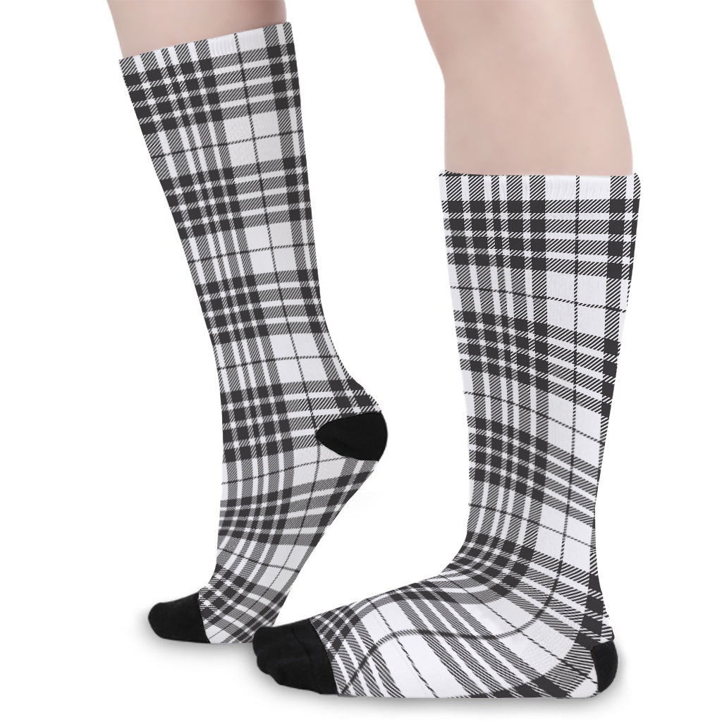 White And Black Border Tartan Print Long Socks